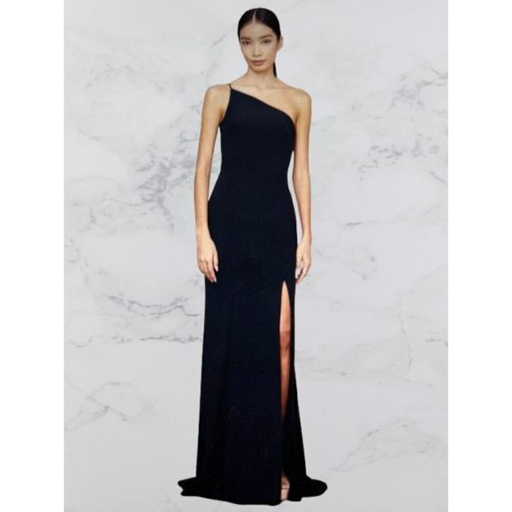 AMSALE Gown Black Satin Dress Maxi Prom Wedding One-shoulder Size 10